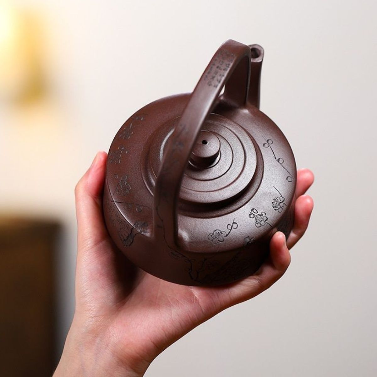 Raised Wall Handled Yixing Teapot by Liu Ruming - 100-Mesh Purple Clay 370ml