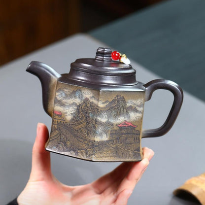 Yixing Purple Clay Teapot "Hexagonal Golden Bell" 320ml - Handmade Zisha Gongfu Tea Pot