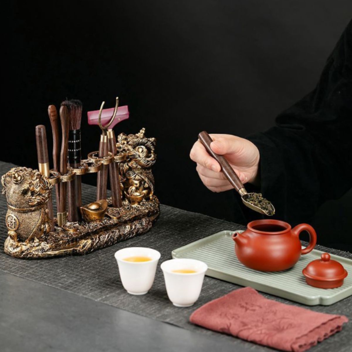 Lion Guardian Tea Ceremony Set - 6-Piece Gongfu Tea Tool Kit with Multi-Function Stand