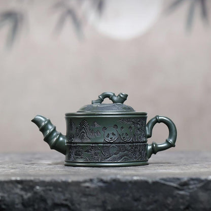Handmade Yixing Purple Clay Teapot 260ml - Original Dark Green Clay Panda Bamboo Zisha Gongfu Tea Pot