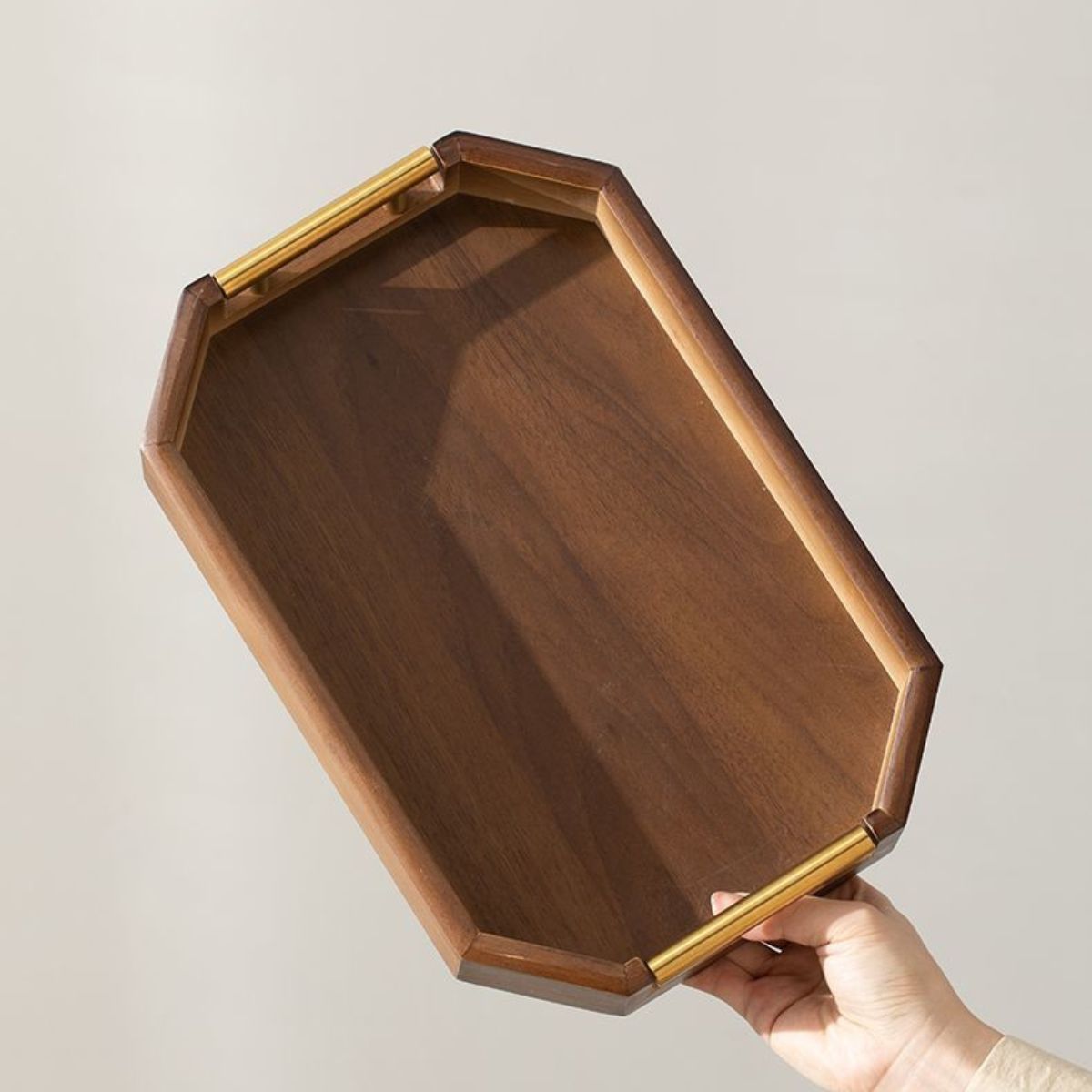 Chestnut Octagonal Serving Tray with Metal Handles – Tea Tray, Pastry Plate & Organizer | 2 Sizes