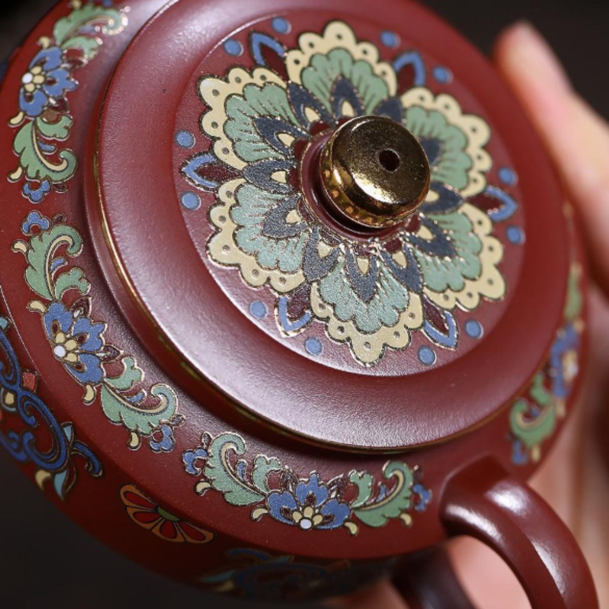 Yixing Purple Clay Teapot "Enamel Zhou Pan" 220ml - Red Dragon Skin Clay with Enamel Painting