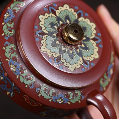Yixing Purple Clay Teapot "Enamel Zhou Pan" 220ml - Red Dragon Skin Clay with Enamel Painting