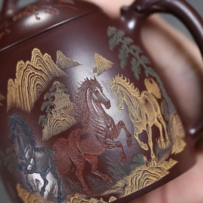 Yixing Purple Clay Teapot "Immediate Success" 280ml - Hand-Painted Stone Red Clay