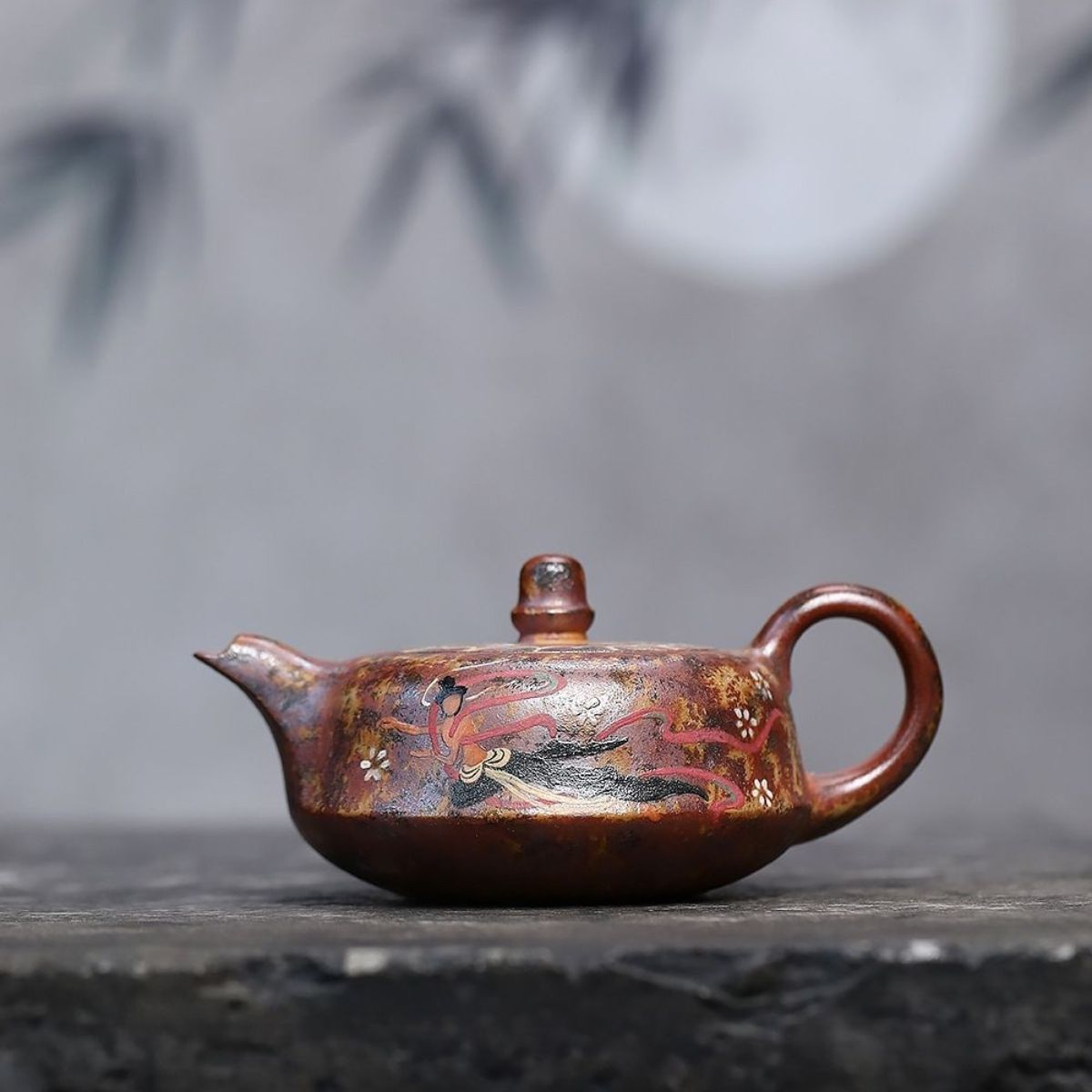 Dunhuang Flying Apsaras Curved Teapot - Wood-Fired Duanni Clay 240ml by Master Artisan