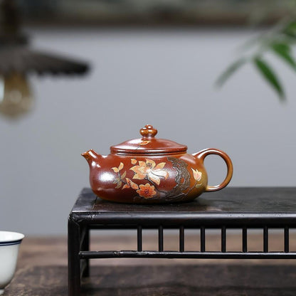 Yixing Purple Clay Teapot "Cold River" 200ml - Fire Cloud Firing with Clay Painting