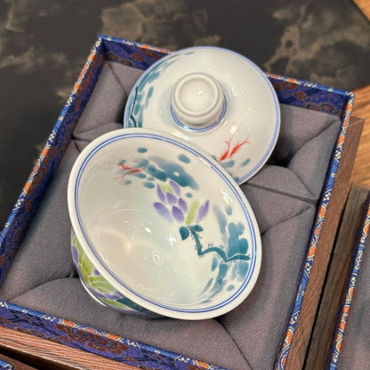 Lotus Pond Moonlight Hand-Painted Ceramic Tea Set – Gaiwan, Pu-erh Cup, Ruishi Cup & Dry Brewing Tray