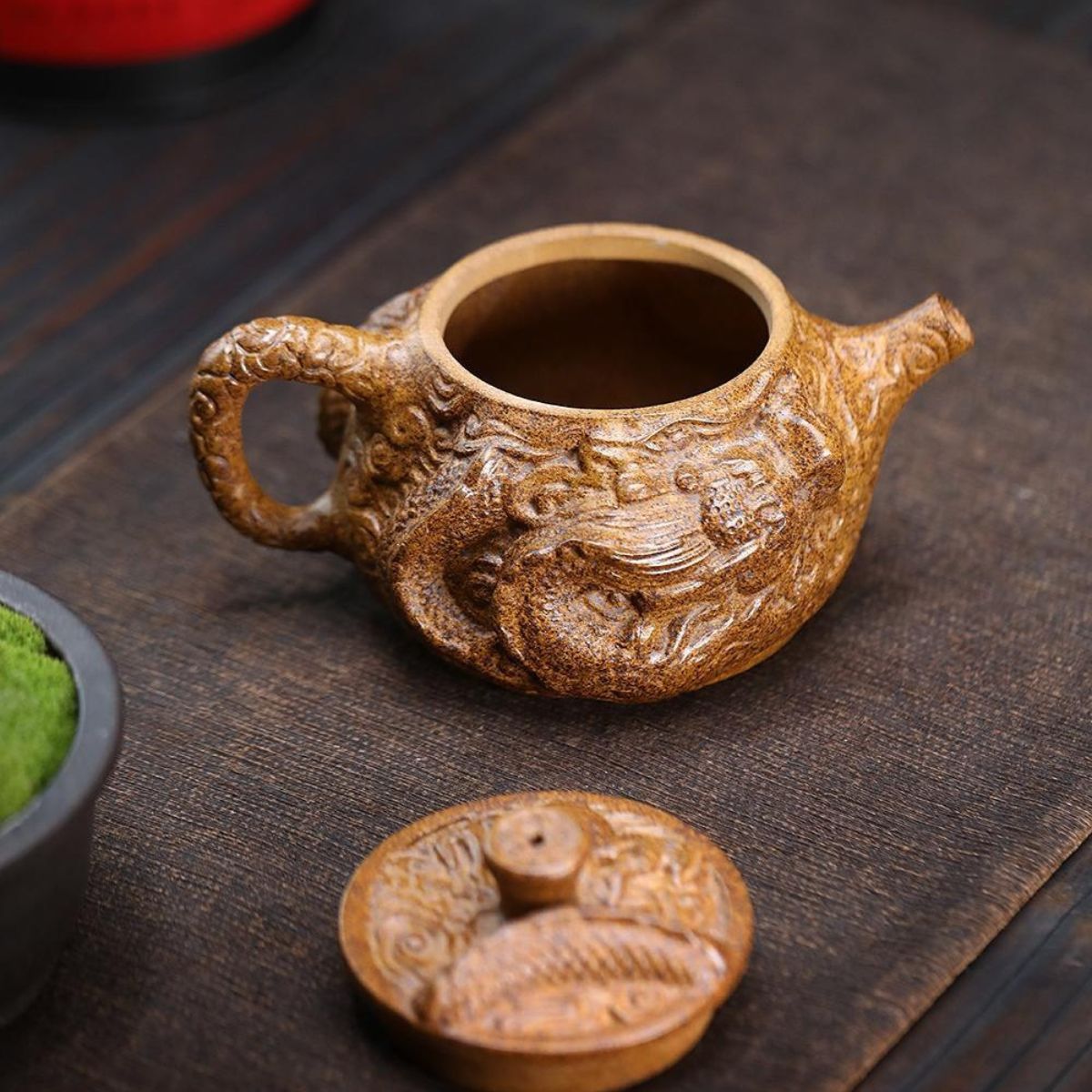 Handmade Yixing Purple Clay Teapot 380ml - Wood-Fired Dragon Bone Gold Sand Coiling Dragon Xi Shi Gongfu Tea Pot