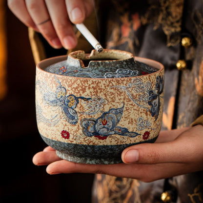 Blue & White Porcelain Ashtray – Flint Red Cloud & Butterfly Motif | Decorative Ceramic