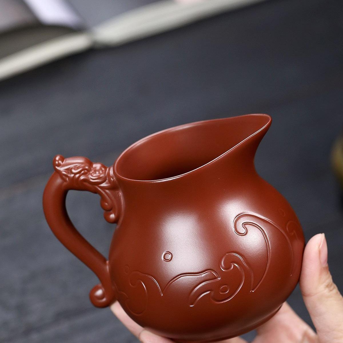 Handmade Yixing Purple Clay Fair Cup 330ml - Dahongpao Dragon Pattern Carved Tea Pitcher