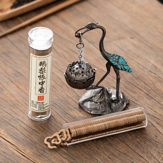 Antique Crane & Lotus Hanging Incense Burner Gift Set – Alloy Burner + 3 Varieties of Natural Incense (42 Pieces Each)