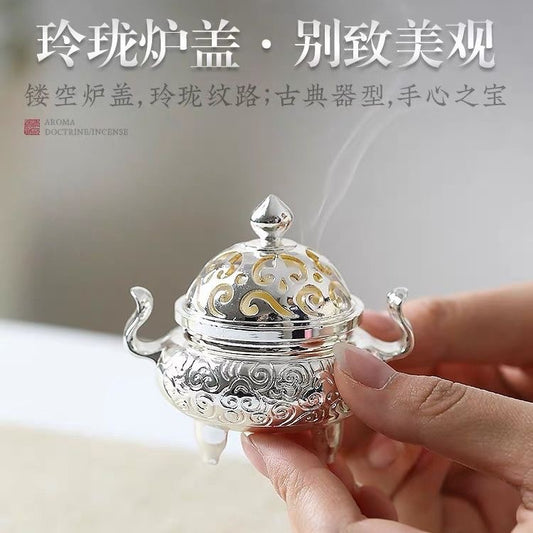 Silver-Gilded Alloy Incense Burner 3-Piece Set – Burner, Tower Incense Mold & Spoon