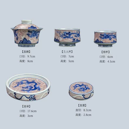 Jingdezhen Underglaze Red Dragon Gaiwan Tea Set – Shu Fu Glaze, Antique Style (5-Piece Gift Box)