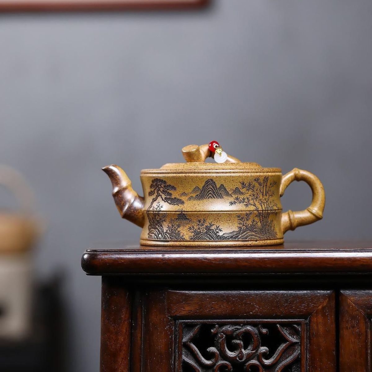 Rising Prosperity Bamboo Yixing Teapot - High-Temp Duanni Clay 380ml