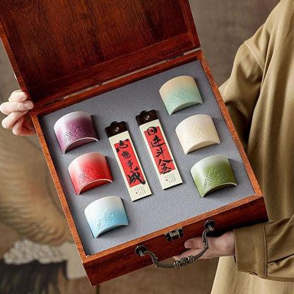 Qing Qiu Ling Glaze Master Cup Luxury Gift Set – 6 Ceramic Tea Cups & 2 Incense Boxes | Premium Gift Box