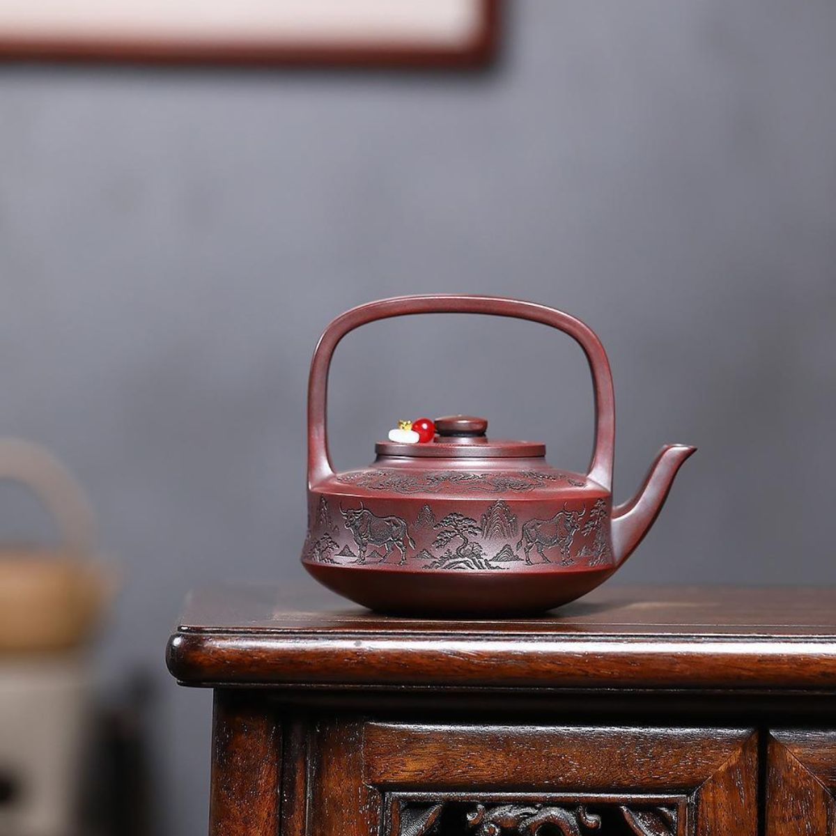 Soaring Bull Spirit Handled Yixing Teapot - Ancient Black Clay 300ml