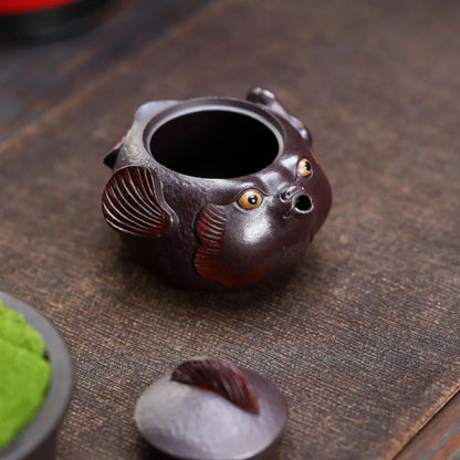 Yixing Purple Clay Teapot "Pouting Fish" 160ml - Handmade Zisha Side Handle