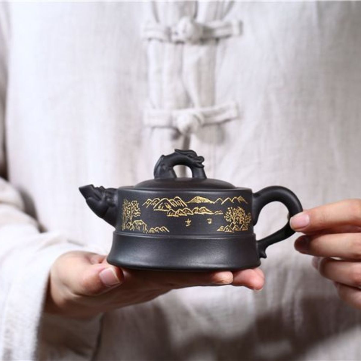Handmade Yixing Purple Clay Teapot 225ml - Original Black Gold Clay Dragon Court Zisha Gongfu Tea Pot