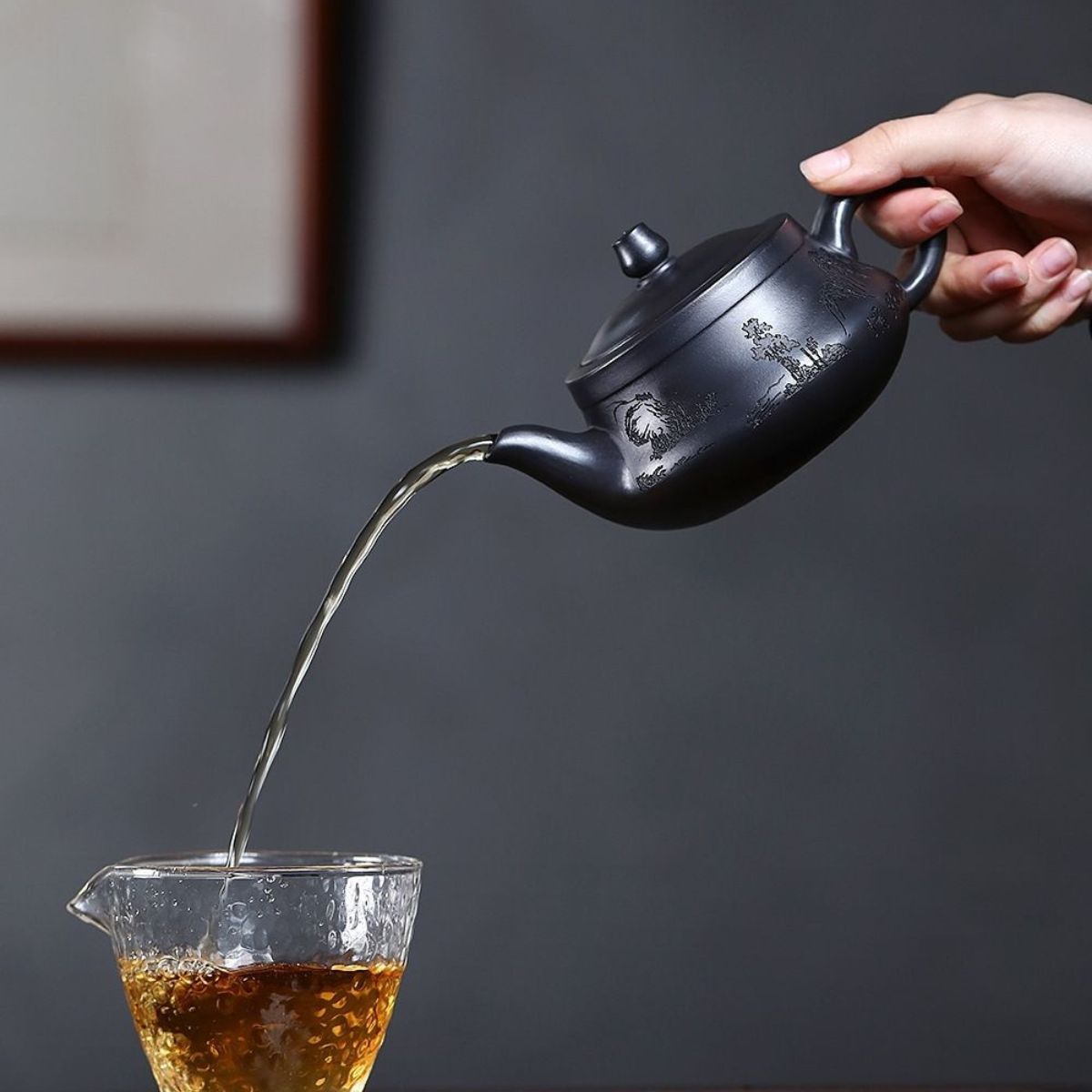 Handmade Yixing Purple Clay Teapot 300ml - Original Shi Huang Clay Landscape Carved Gongfu Tea Pot