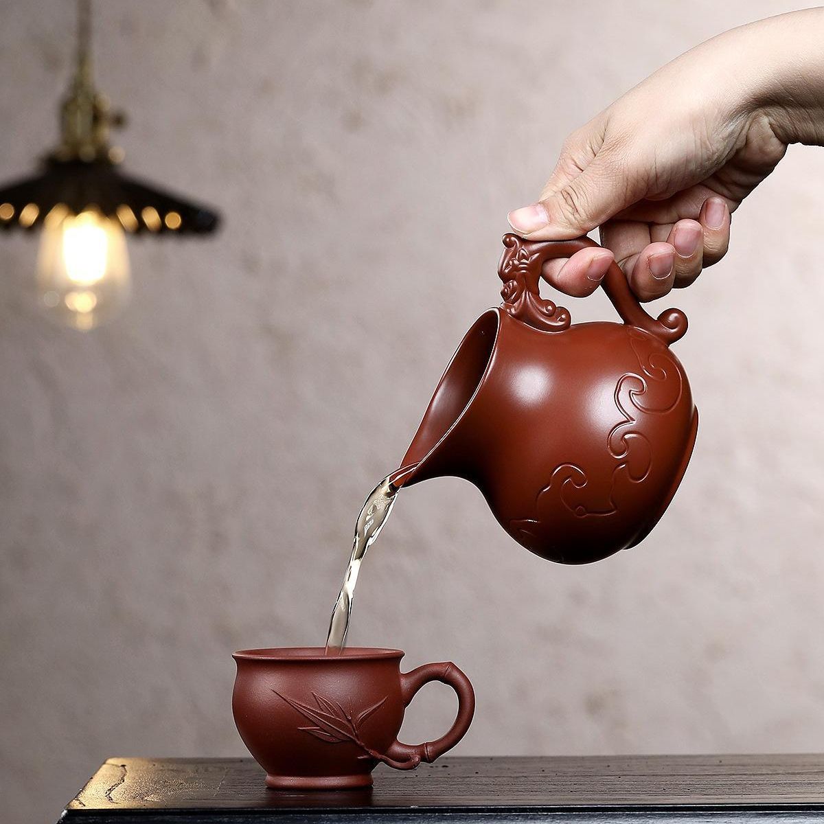 Handmade Yixing Purple Clay Fair Cup 330ml - Dahongpao Dragon Pattern Carved Tea Pitcher