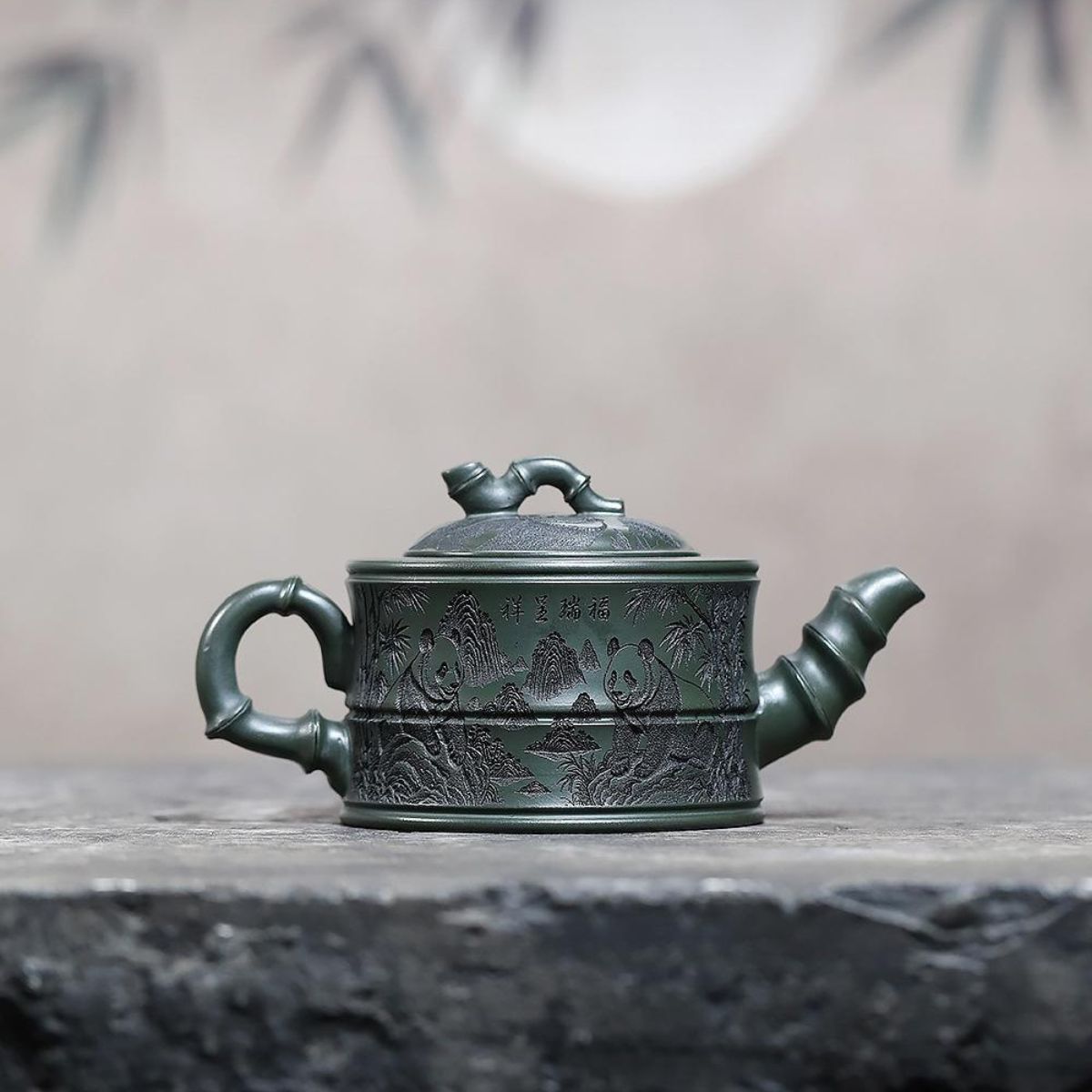 Handmade Yixing Purple Clay Teapot 260ml - Original Dark Green Clay Panda Bamboo Zisha Gongfu Tea Pot