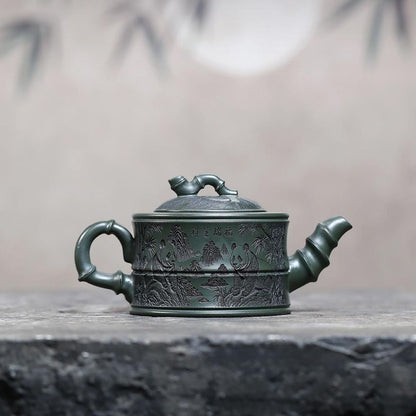 Handmade Yixing Purple Clay Teapot 260ml - Original Dark Green Clay Panda Bamboo Zisha Gongfu Tea Pot