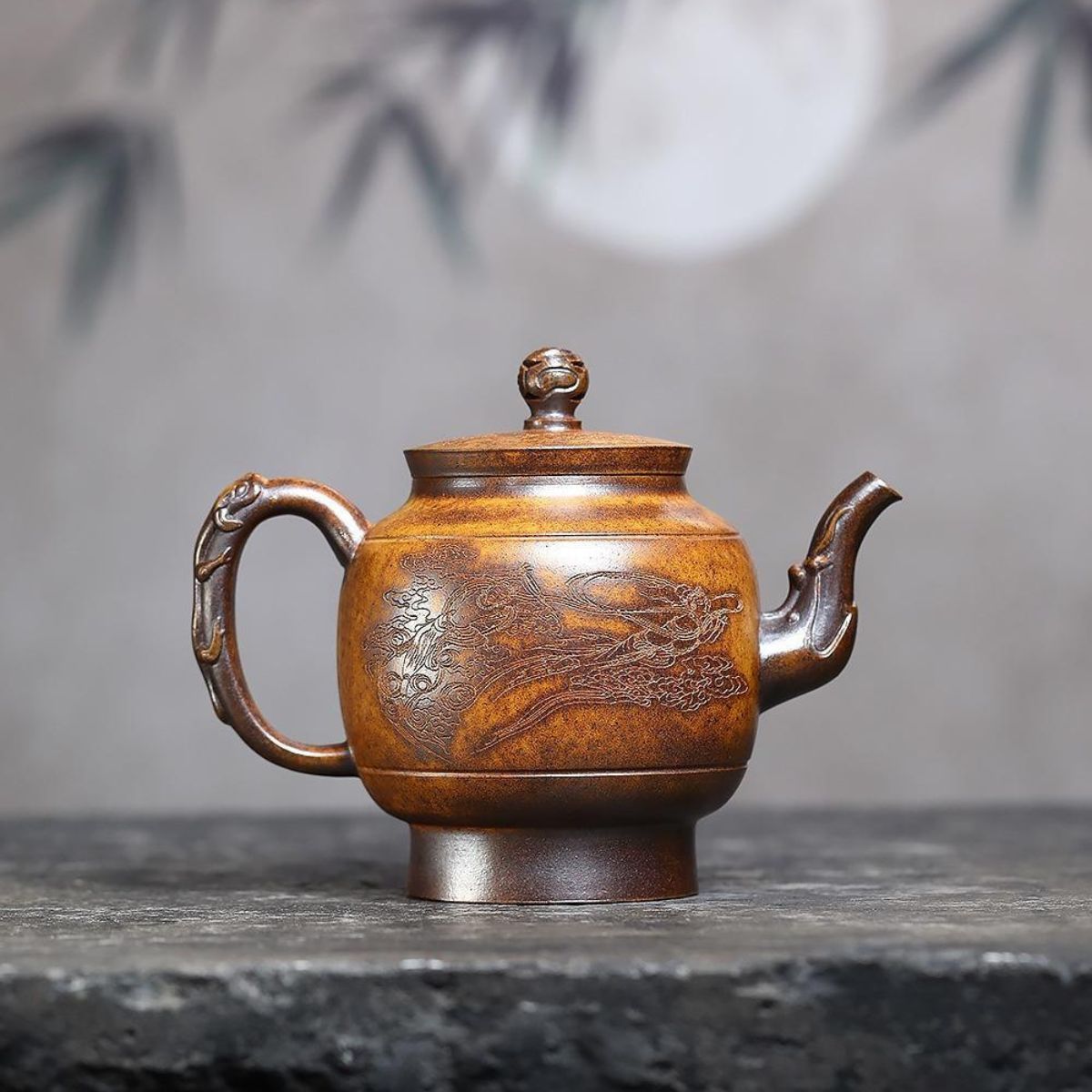 Handmade Yixing Purple Clay Teapot 420ml - Wood-Fired Dragon Bone Gold Sand Palace Lantern Gongfu Tea Pot