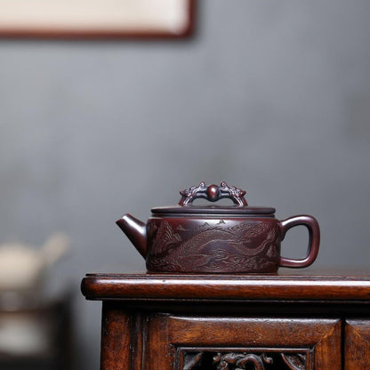 Shuang Long Xi Zhu Yixing Teapot | Raw Gu Wu Ni Ancient Dark Clay | Handcrafted 260ml
