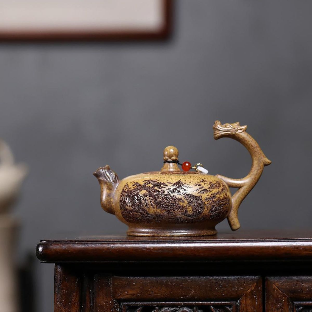 Yixing Purple Clay Teapot 280ml - Dragon Gate Handle Lift Zisha Gongfu Tea Pot