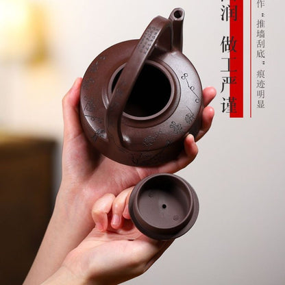 Raised Wall Handled Yixing Teapot by Liu Ruming - 100-Mesh Purple Clay 370ml