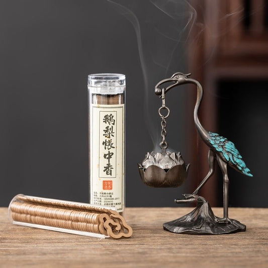 Antique Crane & Lotus Hanging Incense Burner Gift Set – Alloy Burner + 3 Varieties of Natural Incense (42 Pieces Each)