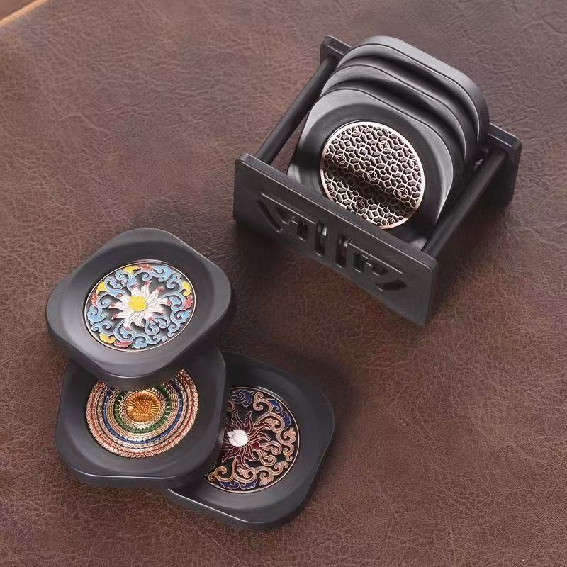 Chinese Pattern Heat-Resistant Tea Cup Coasters – Set of 6 Mixed Designs with Display Stand