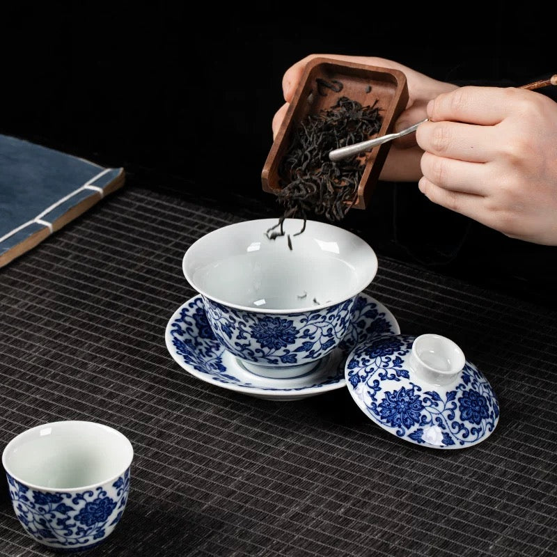 Jingdezhen Blue and White Lotus Scroll Gaiwan Tea Set