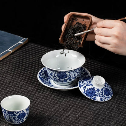 Jingdezhen Blue and White Lotus Scroll Gaiwan Tea Set
