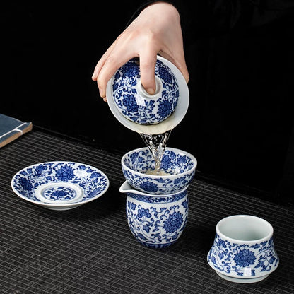 Jingdezhen Blue and White Lotus Scroll Gaiwan Tea Set