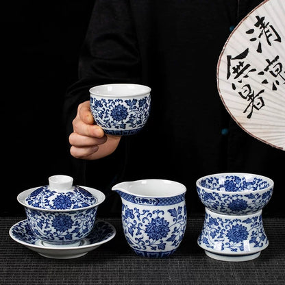 Jingdezhen Blue and White Lotus Scroll Gaiwan Tea Set