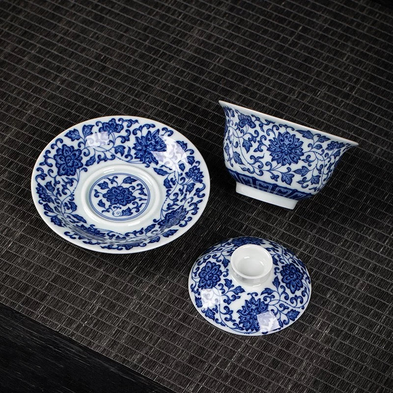 Jingdezhen Blue and White Lotus Scroll Gaiwan Tea Set