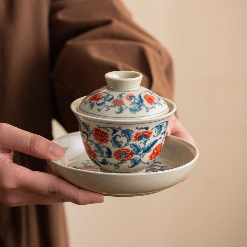 Blue and White Underglaze Red Peony Gaiwan Tea Set