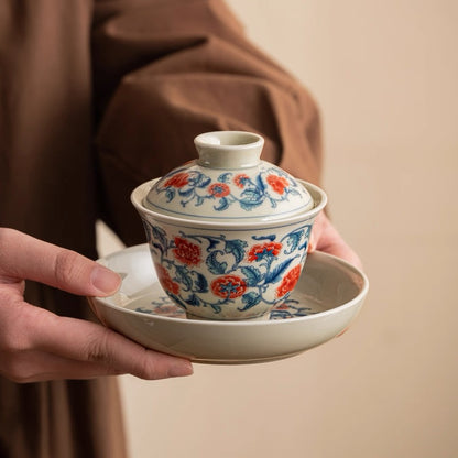 Blue and White Underglaze Red Peony Gaiwan Tea Set