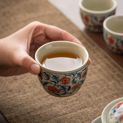 Blue and White Underglaze Red Peony Gaiwan Tea Set