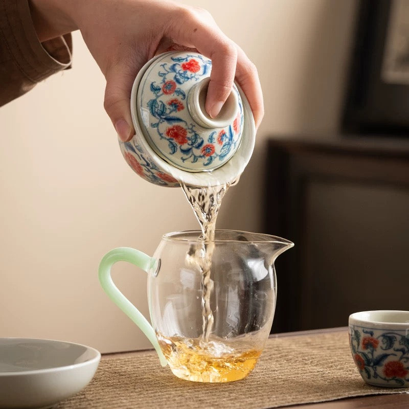 Blue and White Underglaze Red Peony Gaiwan Tea Set