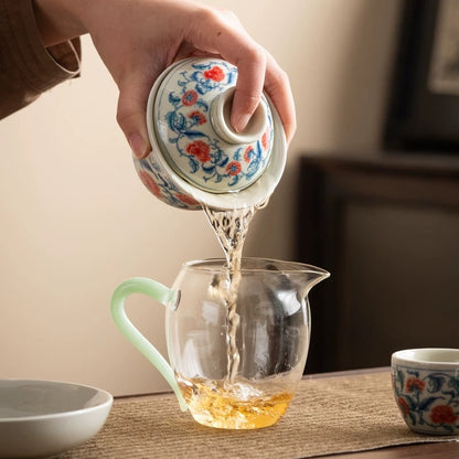 Blue and White Underglaze Red Peony Gaiwan Tea Set