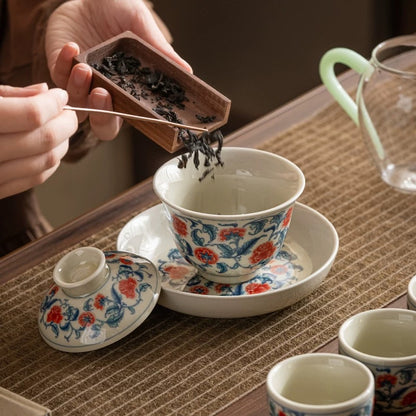 Blue and White Underglaze Red Peony Gaiwan Tea Set