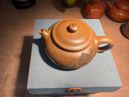 Yixing Semi-Handmade Purple Clay Teapot | Fisherman Fishing on Mountain Design 200ml
