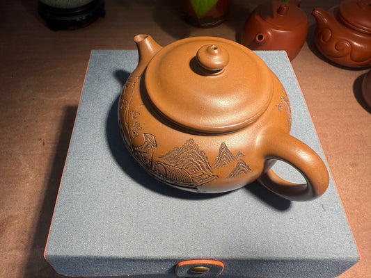 Yixing Semi-Handmade Purple Clay Teapot | Fisherman Fishing on Mountain Design 200ml