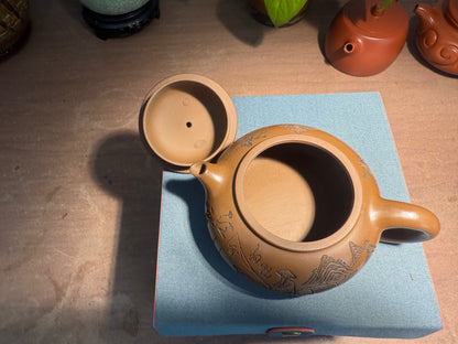 Yixing Semi-Handmade Purple Clay Teapot | Fisherman Fishing on Mountain Design 200ml