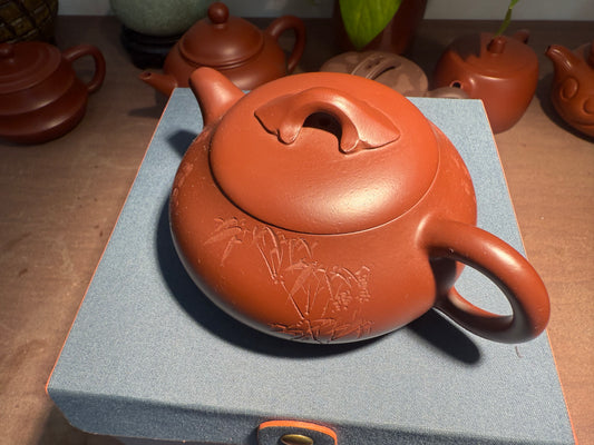 Yixing Semi-Handmade Purple Clay Teapot | Magpie & Bamboo Carving (Auspicious Design)220ml
