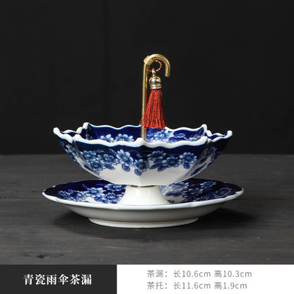 Umbrella Tea Strainer Set | Blue & White Porcelain or Red Peony | Gongfu Tea Accessory