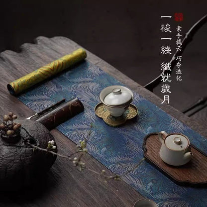 Chinese Double-Sided Brocade Peacock Feather Table Runner – Tea Ceremony Cloth | Blue & Gold (4 Sizes)