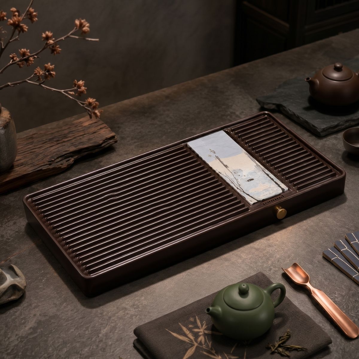 Luxury Natural Stone Tea Tray | 32-Count Cotton Bakelite Board | Wet & Dry Brewing | Premium Custom Edition